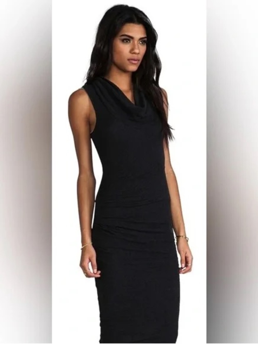 James Perse Dress Womens Medium Black Sleeveless Cowl Neck Ruching Minimal Midi